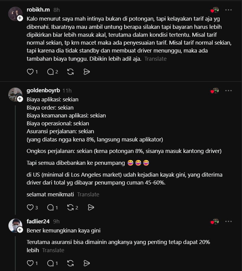 Komentar Netizen Mengenai Potongan Ojol di Bawah 10 Persen